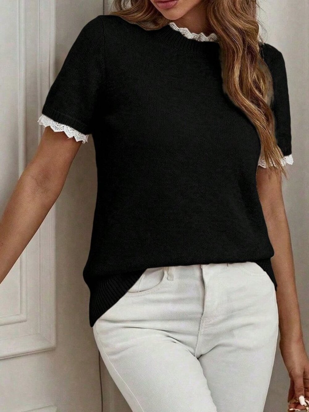 Black Casual Women's Elegant Lace Trim Knit Short Sleeve Crew Neck Sweater